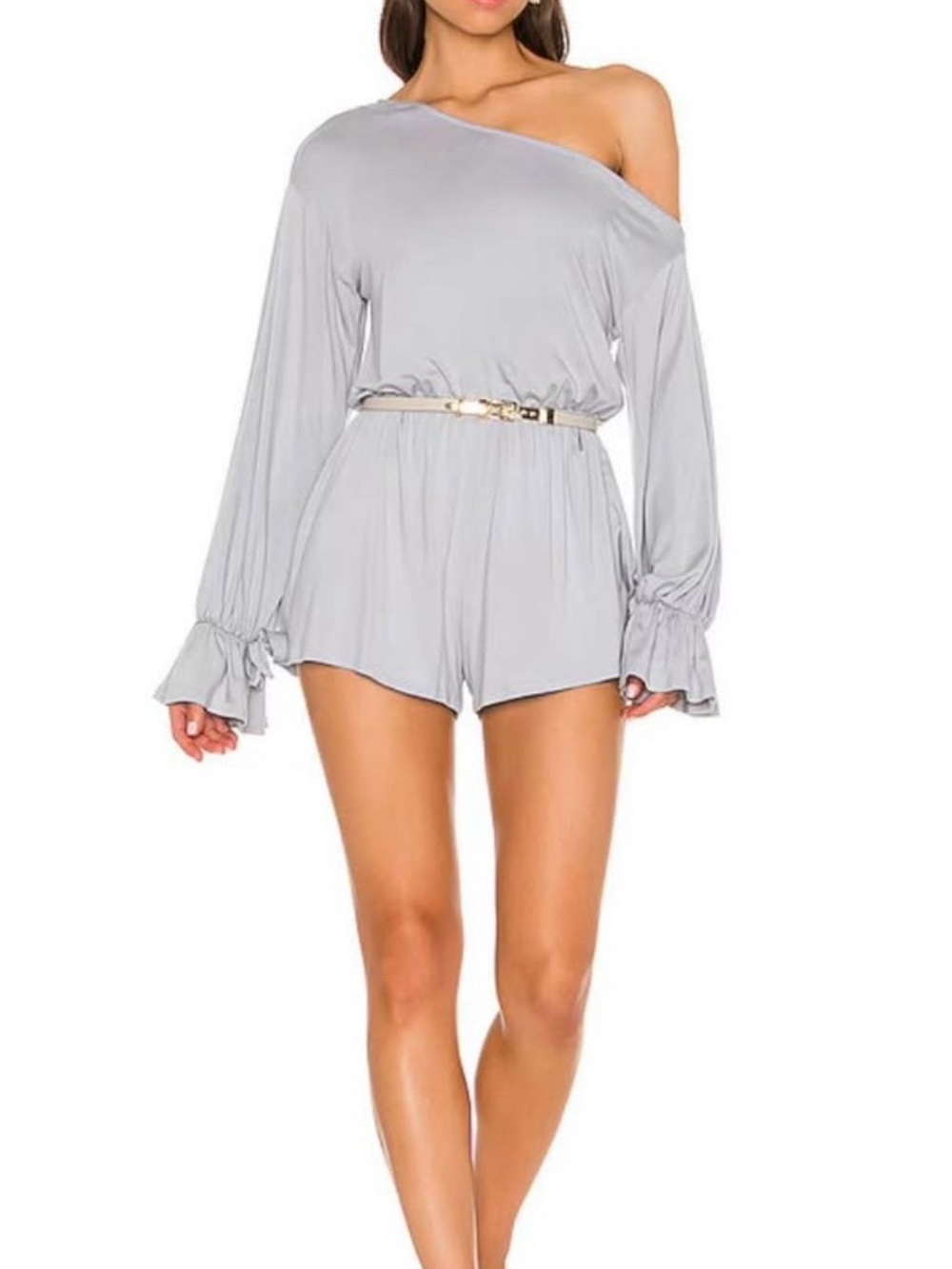 Lovers + Friends One-Shoulder Long-Sleeve Romper in Light Gray